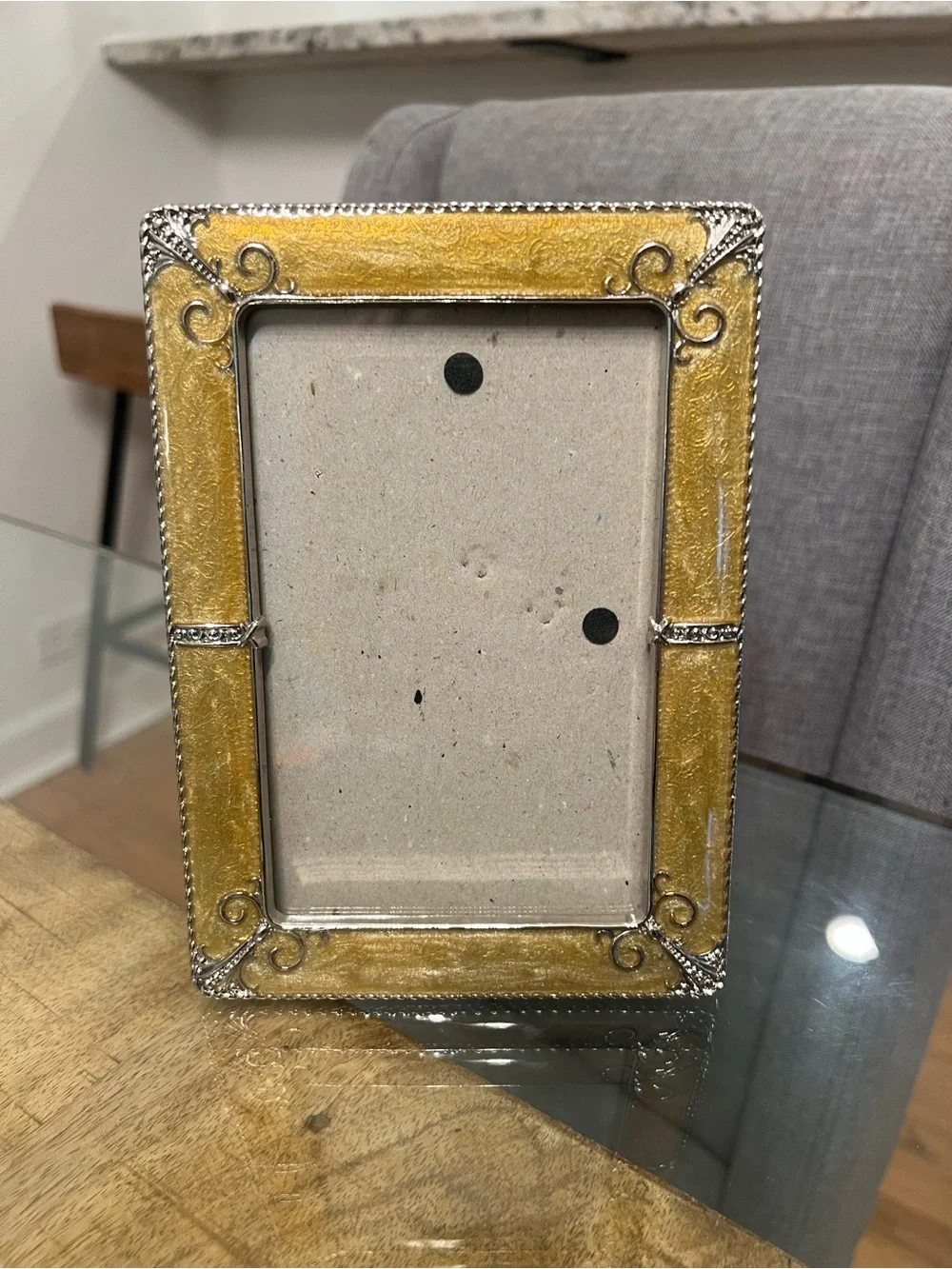 ornate yellow swirl enamel and silver-tone metal tabletop picture frame 4x6